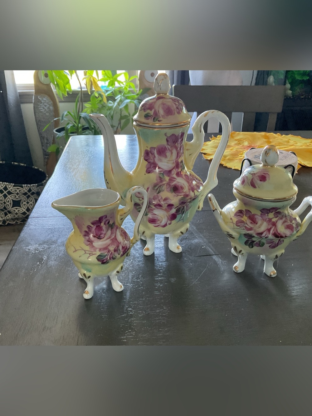 Lefton Porcelain Coffee Set with Pink Floral Motif and Gold Trim